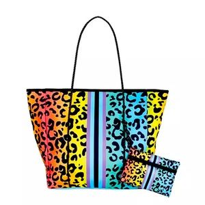 Rainbow Leopard Print Neoprene Tote With Mini Pouch